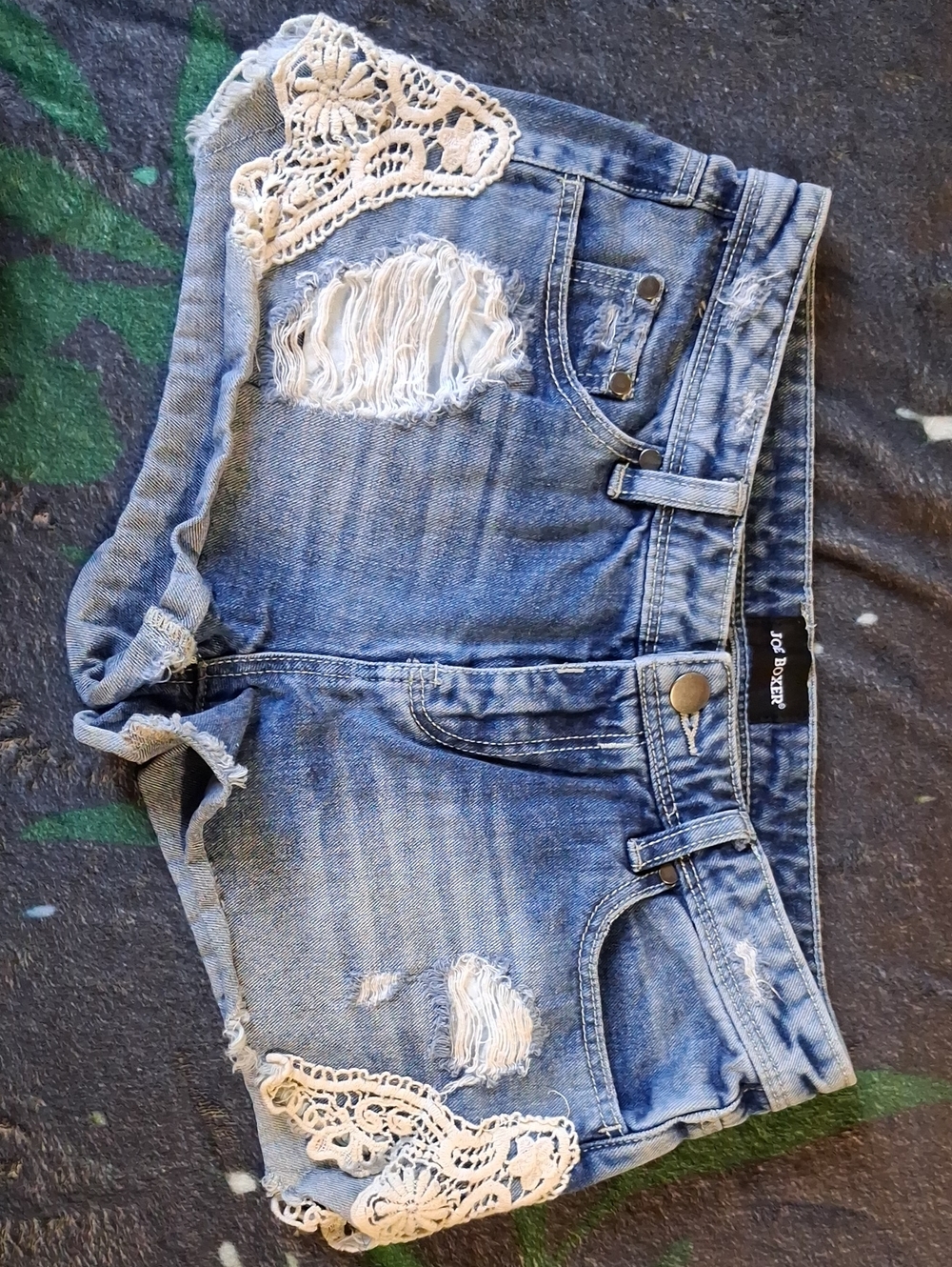 Joe Boxer Blue Denim Distressed Shorts with White Crochet